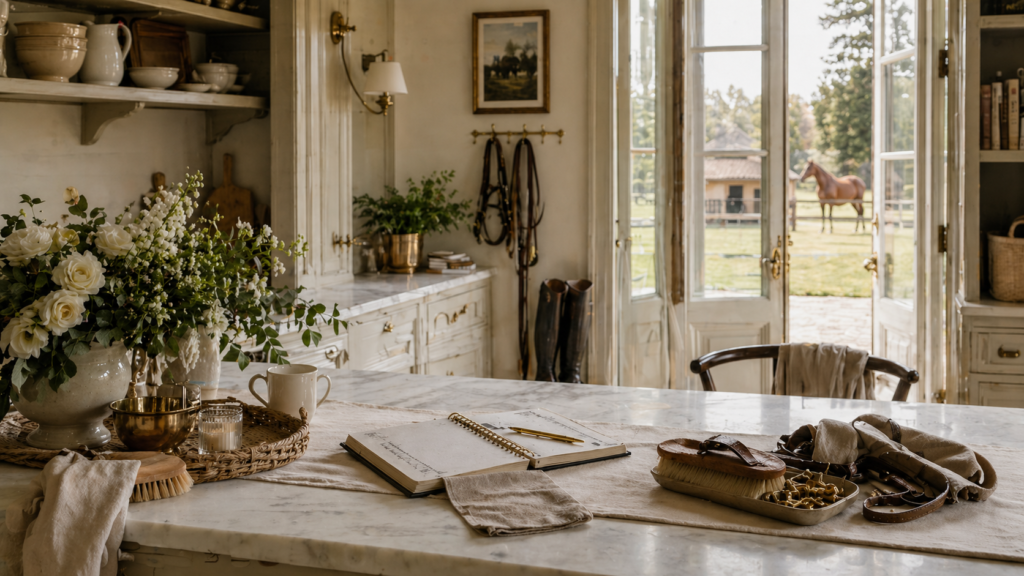 Cedar & Linen Co. lifestyle scenes of a refined home, equestrian barn, and graceful gathering.
