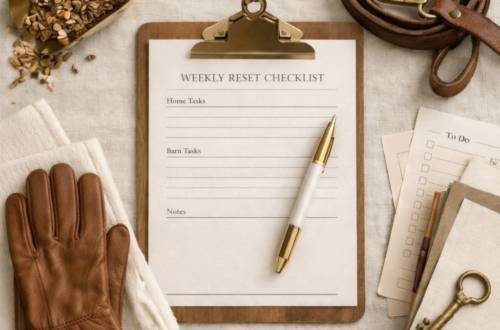 Flat lay of a weekly checklist on a clipboard with home and barn essentials
