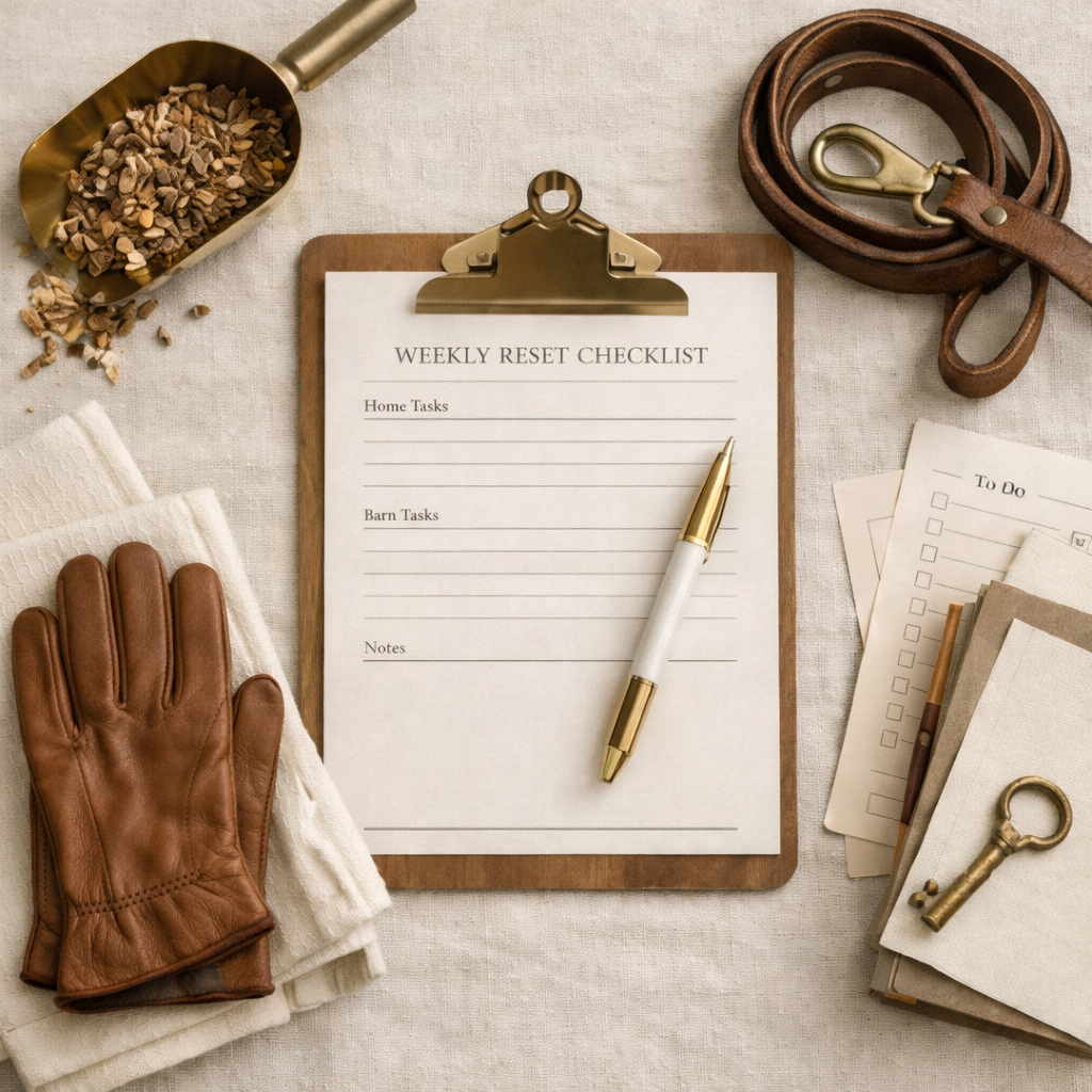 Flat lay of a weekly chechlist on a clipboard with home and barn essentials
