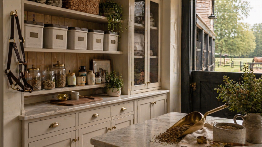 Refined barn feed room with organized bins, brass accents, and soft natural light.
