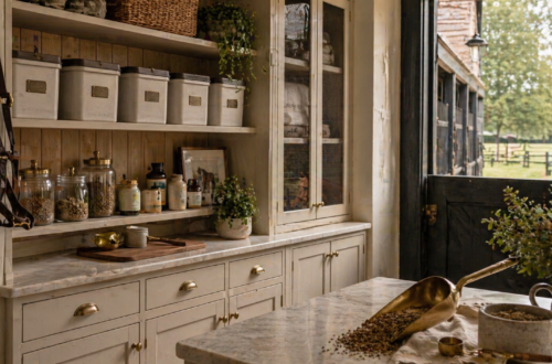Refined barn feed room with organized bins, brass accents, and soft natural light.