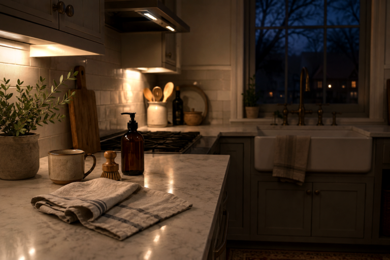 Quiet kitchen at night with soft under-cabinet lighting, a linen towel, dish brush, amber soap bottle, and the evening sky visible through the window.