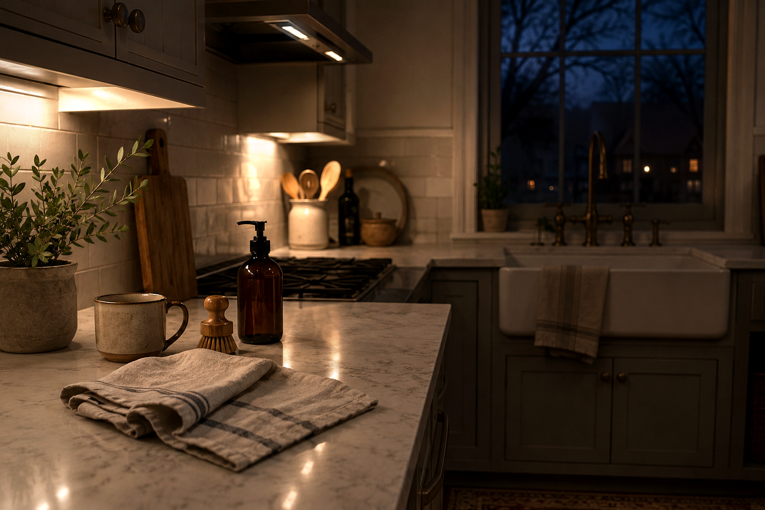 Quiet kitchen at night with soft under-cabinet lighting, a linen towel, dish brush, amber soap bottle, and the evening sky visible through the window.