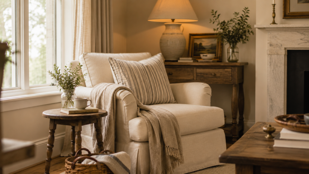 Warm cozy living room image: Cozy neutral living room with a slipcovered armchair, soft throw, striped pillow, wood side tables, fresh greenery, and warm lamplight by the fireplace.