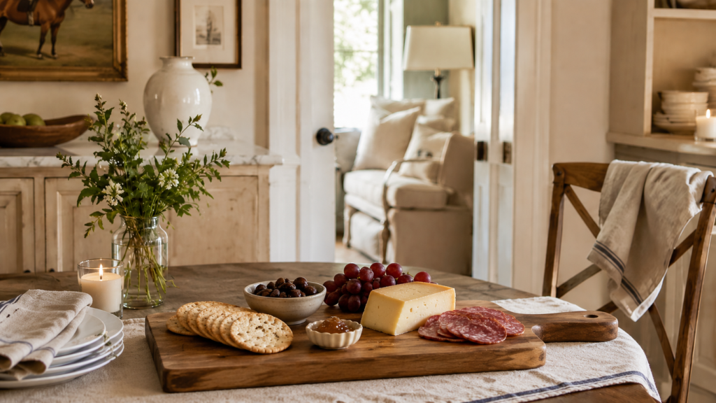 Simple serving board image: Rustic wooden serving board with cheese, crackers, grapes, cured meat, preserves, and small bowls arranged on a linen-covered kitchen table.