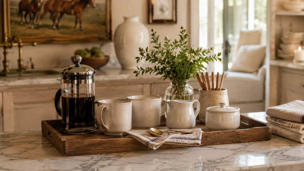 Coffee station image: French press coffee station on a wooden tray with ceramic mugs, cream pitcher, sugar bowl, wooden stirrers, fresh greenery, and warm natural light.