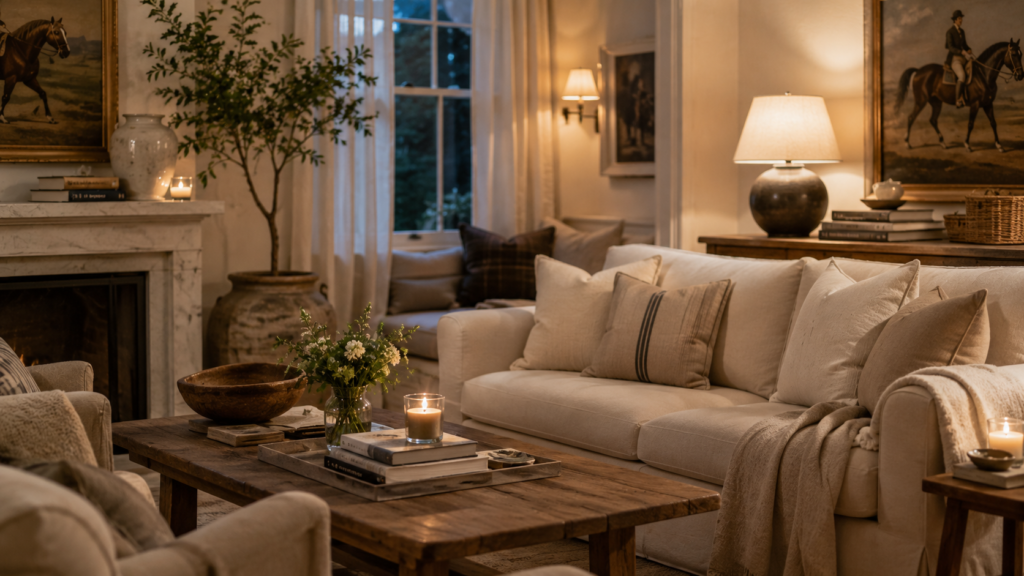 Warm, lived-in living room with neutral upholstered seating, soft throws, layered pillows, wood furniture, and gentle lamplight creating a relaxed, welcoming atmosphere.