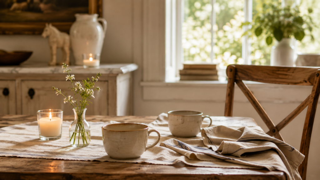 Warm kitchen table set for two with ceramic mugs, linen napkins, a small vase of flowers, and a candle in soft natural light.