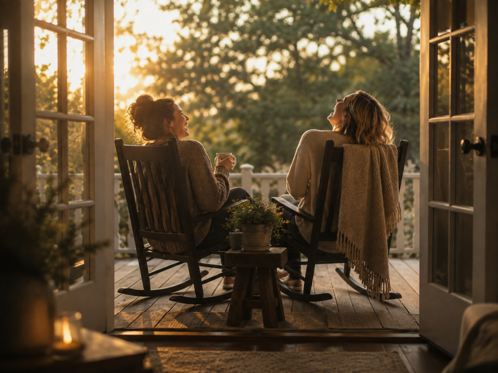 Two friends laughing together in rocking chairs on a porch at golden hour, viewed from inside the home, with coffee mugs in hand and warm evening light.