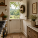 Open farmhouse kitchen door overlooking a pasture
