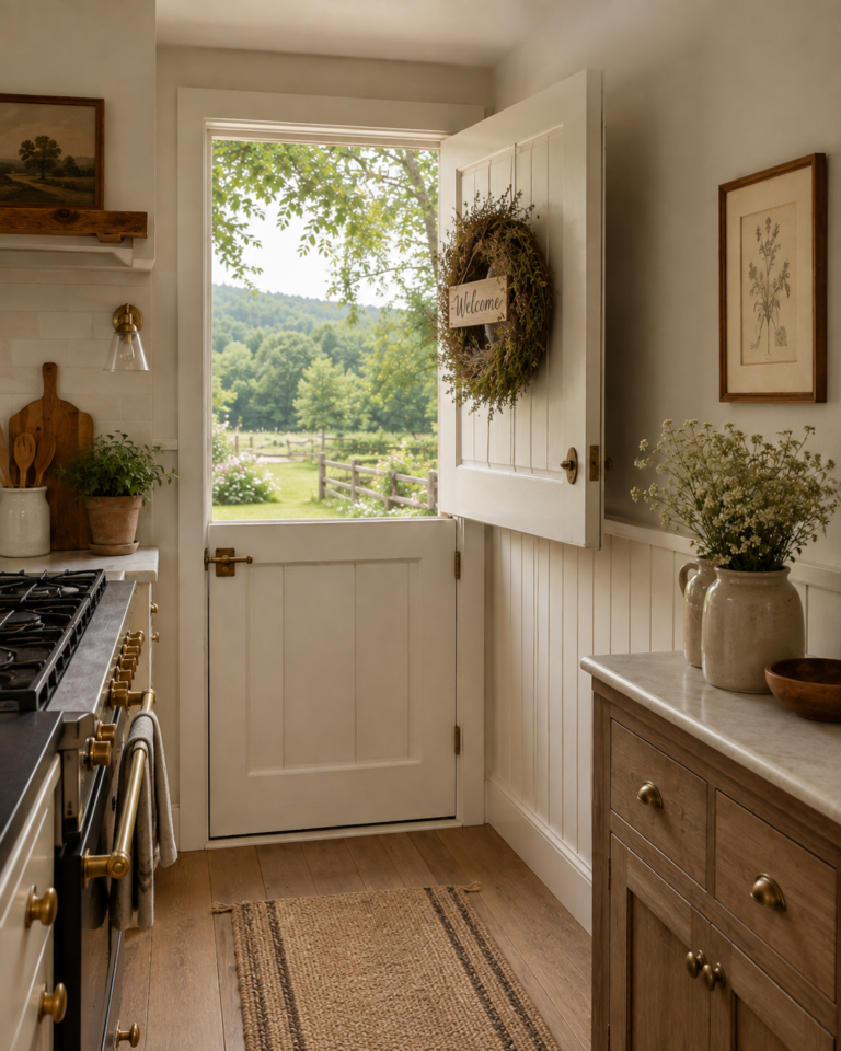 Open farmhouse kitchen door overlooking a pasture