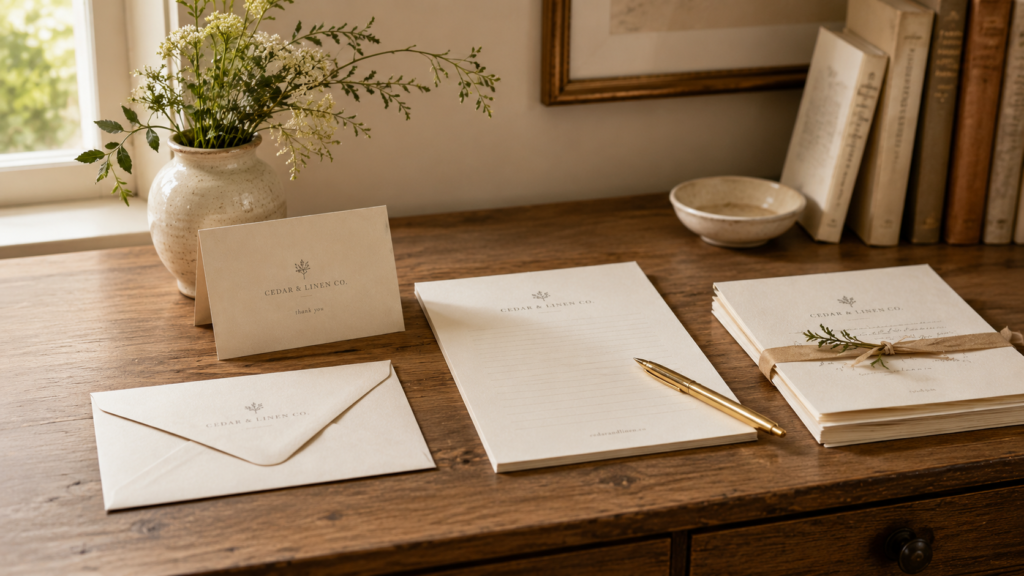 Cedar & Linen stationery on a writing desk with flowers