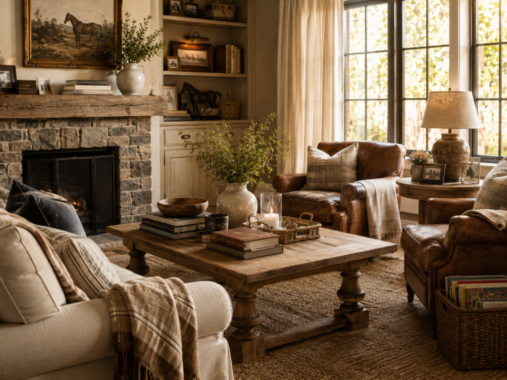 Warm heritage-inspired living room with stone fireplace, leather chairs, books, and equestrian artwork