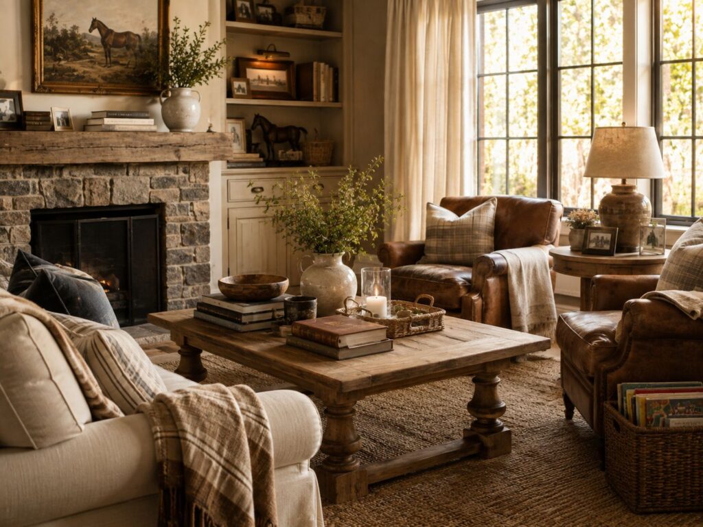 Warm living room with stone fireplace and leather chairs