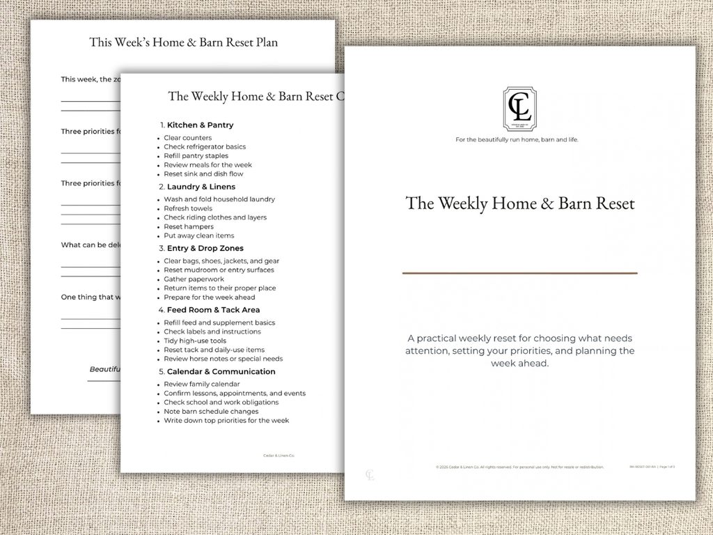 Weekly Home & Barn Reset printable guide with checklist and planning pages