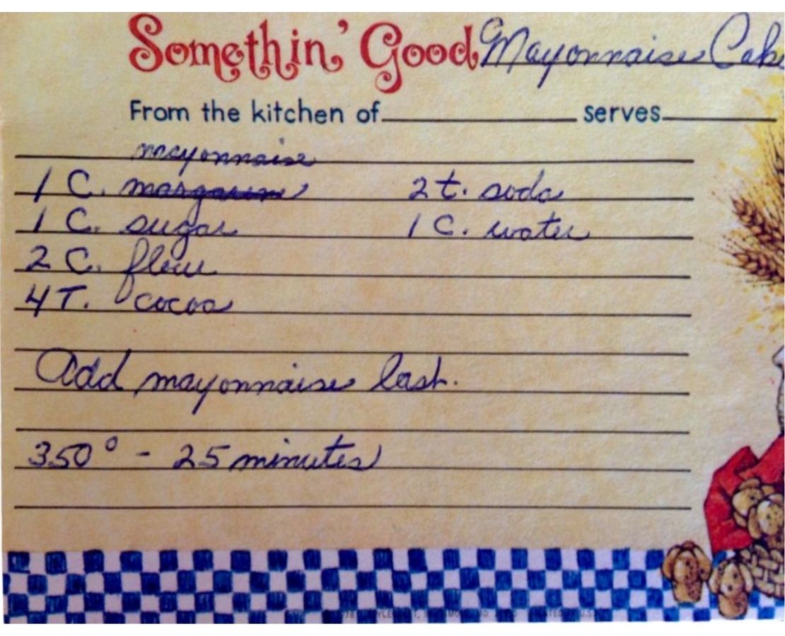 Handwritten family recipe card for Mayonnaise Cake, preserved as part of a family legacy